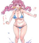  animal_ears bikini blue_bikini braid breasts cleavage heart highres horns kntrs_(knyrs) large_breasts long_hair navel open_mouth original purple_eyes purple_hair sheep_ears sheep_girl sheep_horns smile solo swimsuit translation_request twin_braids underboob water 