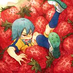  aqua_hair blush food fruit inazuma_eleven_(series) inazuma_eleven_go kariya_masaki kirino_ranmaru male_focus open_mouth oversized_food oversized_object raimon raimon_soccer_uniform riho soccer_uniform solo sportswear strawberry 