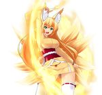  animal_ears arm_up blonde_hair breasts butter-t fox_ears fox_tail green_eyes impossible_clothes japanese_clothes kitsune large_breasts long_hair magic multiple_tails open_mouth original ribbon-trimmed_legwear ribbon_trim solo tail thighhighs white_legwear zettai_ryouiki 