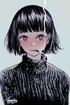  artist_name black_hair cigarette dated halftone highres mole mole_under_eye nanase_miri original ribbed_sweater short_hair smile smoking solo sweater upper_body 