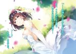  bare_shoulders blurry breasts character_request depth_of_field dress dutch_angle elbow_gloves flame_oukoku_koubouki flower gloves hair_flower hair_ornament highres medium_breasts novel_illustration official_art petals purple_eyes purple_hair short_hair sideboob smile solo veil wedding_dress white_dress white_gloves yuugen 