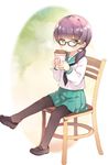  black-framed_eyewear black_legwear blush chair coffee_cup cup disposable_cup glasses green_eyes hair_ornament hairclip kito_(sorahate) loafers long_sleeves looking_at_viewer low_twintails original pantyhose purple_hair school_uniform serafuku shoe_dangle shoes sitting skirt solo twintails 