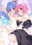  apron armpits bare_shoulders blue_hair blush breast_press breasts covered_navel crown dress heart heart-shaped_pupils large_breasts long_hair looking_at_viewer maid maid_headdress mini_crown multiple_girls off_shoulder original panties pink_hair red_eyes revision short_hair small_breasts smile strapless strapless_dress symbol-shaped_pupils tatami_to_hinoki tears thighhighs underwear white_legwear white_panties 