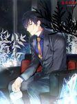  black_hair cup formal highres ice kekkai_sensen km_(kyoma0) mug necktie scar short_hair steven_a._starphase suit 