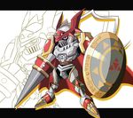  armor cape chibi digimon dukemon full_armor knight monster polearm royal_knights shield spear 