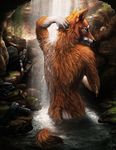  2015 canine darkicewolf fur gun handgun looking_back male mammal nude orange_fur outside ranged_weapon solo water waterfall weapon wet wolf 
