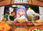  ^_^ apron blue_sky blush bowl chopsticks chopsticks_in_mouth closed_eyes cloud coca-cola derivative_work eating fish food food_on_face fried_chicken hair_rings hamburger indoors jacket kebab konpaku_youmu konpaku_youmu_(ghost) lobster meat moon multiple_girls night nigirizushi ochakan open_clothes open_mouth parfait pink_hair pizza pudding puffy_short_sleeves puffy_sleeves rice_bowl running saigyouji_yuyuko short_sleeves sign silver_hair sky smile sushi sushi_geta sweat touhou translated tree triangular_headpiece 