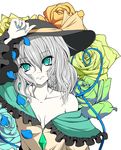  aqua_eyes bare_shoulders blouse blue_flower blue_rose breasts cleavage collarbone fingernails flower frown fuoco green_flower green_rose hand_on_headwear hat hat_ribbon head_tilt heart heart_of_string komeiji_koishi looking_at_viewer nail_polish off_shoulder orange_flower orange_rose pale_skin petals ribbon rose short_hair silver_hair simple_background small_breasts solo touhou white_background yellow_flower yellow_rose 