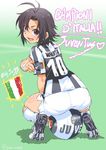  armband ass ball cleats idolmaster idolmaster_(classic) inoue_sora italian italian_flag italy juventus_fc kikuchi_makoto open_mouth serie_a sitting smile soccer soccer_ball soccer_uniform sportswear 