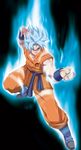  aura blue_eyes blue_hair boots dougi dragon_ball dragon_ball_z fighting_stance full_body highres male_focus muscle solo son_gokuu spiked_hair super_saiyan super_saiyan_blue tovio_rogers wristband 