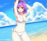  arms_up bad_id bad_pixiv_id beach bikini blush breasts cleavage day hair_ornament highres large_breasts leaf looking_at_viewer ocean open_mouth purple_hair red_eyes revision short_hair side-tie_bikini solo swimsuit touhou wendell yasaka_kanako 