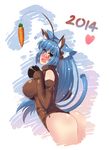  2014 animal_ears ass bare_shoulders blue_hair blush breasts butter-t carrot cat_ears cat_tail chinese_zodiac embarrassed fake_animal_ears flying_sweatdrops headband heart hooves horse_ears horse_girl large_breasts long_hair open_mouth original red_eyes solo tail year_of_the_horse 
