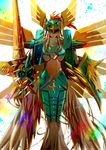  angel_wings armor artificial_wings backlighting breastplate covered_eyes digimon full_armor gauntlets golden_wings helmet helmet_over_eyes knight midriff navel no_humans ophanimon pauldrons polearm shield spear weapon white_wings wings winni 