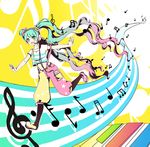  :d absurdres aqua_hair beamed_eighth_notes beamed_sixteenth_notes beamed_thirty-second_notes blush digital_media_player eighth_note gradient_hair green_eyes hatsune_miku headphones highres long_hair midriff mou_niu multicolored_hair musical_note navel open_mouth outstretched_arms pants pink_hair quarter_note sixteenth_note smile solo spread_arms suspenders tank_top treble_clef twintails vocaloid 