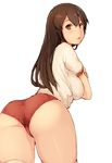  akagi_(kantai_collection) ass bad_id bad_pixiv_id blush breasts brown_eyes brown_hair buruma kagari_(kgr_000) kantai_collection large_breasts long_hair looking_at_viewer looking_back open_mouth solo thighhighs 