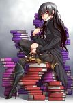  black_hair black_legwear book boots coat dog earrings from_side harumi_kazuhito high_heel_boots high_heels highres hime_cut inu_to_hasami_wa_tsukaiyou jewelry knee_boots long_hair looking_at_viewer natsuno_kirihime petting red_eyes scissors sitting smile thighhighs uousa-ou 