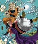  blonde_hair cape cloud cloudy_sky day debris dragon_ball dragon_ball_z energy_ball explosion majin_buu no_eyebrows sky son_gokuu splashing super_saiyan super_saiyan_3 yamamoto_yuu 