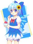  ahoge bloomers blue_dress blue_eyes blue_hair bow bowtie cirno cloud dress eating fairy flower food hair_flower hair_ornament hair_ribbon ice ice_cream ice_wings kuronohana looking_at_viewer puffy_sleeves ribbon shaved_ice short_hair short_sleeves solo sparkle spoon sunflower touhou underwear vest wings 