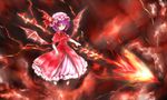  :o acryl bat_wings dress floating hat hat_ribbon highres layered_dress levitation lightning looking_at_viewer mob_cap puffy_short_sleeves puffy_sleeves purple_hair red_background red_dress red_eyes remilia_scarlet ribbon short_hair short_sleeves solo spear_the_gungnir touhou wings 