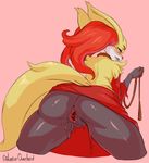 anthro anus back blush bow butt canine clitoris collar delphox female fox fur galactic_overlord half-closed_eyes inner_ear_fluff looking_at_viewer looking_back mammal nintendo nude open_mouth pok&eacute;mon pussy red_eyes smile solo spread_legs spreading standing teeth video_games 