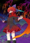  boots cape covering_mouth gradient gradient_background hair_ornament hair_ribbon highres kuronohana long_sleeves looking_at_viewer red_eyes red_hair ribbon sekibanki shirt short_hair skirt solo touhou 