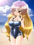  beach blonde_hair blush breast_squeeze breasts cleavage cloud day gradient_hair hijiri_byakuren large_breasts light_rays long_hair looking_to_the_side multicolored_hair ocean one-piece_swimsuit outdoors purple_hair school_swimsuit sky solo sunlight swimsuit touhou water winn yellow_eyes 