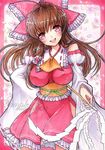  :d bow breasts brown_hair detached_sleeves gohei hair_bow hair_tubes hakurei_reimu highres large_breasts long_hair looking_at_viewer mii@chiffonx open_mouth pink_eyes sample smile solo touhou traditional_media 