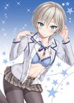  anastasia_(idolmaster) blue_eyes bra breasts gradient gradient_background idolmaster idolmaster_cinderella_girls kisugi_akira medium_breasts open_clothes open_shirt pantyhose shirt short_hair silver_hair skirt solo star starry_background thighband_pantyhose underwear 