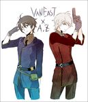  aldnoah.zero brown_hair crossover gloves grey_hair gun handgun kaizuka_inaho military military_uniform multiple_boys naguy_(nagui) silver_hair slaine_troyard tiny_x_machinegun uniform weapon 