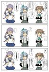  &gt;_&lt; 3girls 3koma absurdres akebono_(kantai_collection) anger_vein arm_warmers bell blue_skirt brown_hair check_translation closed_eyes comic crossed_arms double_bun flower grey_skirt hair_bell hair_flower hair_ornament hand_on_hip highres iwazoukin jingle_bell kantai_collection kasumi_(kantai_collection) michishio_(kantai_collection) multiple_girls neckerchief pleated_skirt ponytail purple_hair school_uniform serafuku shitty_admiral_(phrase) short_hair short_sleeves side_ponytail skirt spoken_ellipsis suspenders sweat translated translation_request twintails 