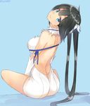  back backless_outfit black_hair blue_background blue_eyes blue_ribbon breasts dress dungeon_ni_deai_wo_motomeru_no_wa_machigatteiru_darou_ka from_behind gloves hair_ribbon head_tilt hestia_(danmachi) isshiki_(ffmania7) large_breasts leaning_back long_hair looking_at_viewer looking_back rei_no_himo ribbon shaft_look sitting smile solo twintails twitter_username white_dress white_gloves 