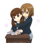  brown_eyes brown_hair closed_mouth desk extra hidarikata hirasawa_yui hug hug_from_behind k-on! long_hair magazine multiple_girls pantyhose parted_lips sakuragaoka_high_school_uniform school_desk school_uniform short_hair smile twintails wakaouji_ichigo 