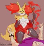  anthro balls blush breast_grab breasts canine clothing cum cum_on_breasts cum_on_leg delphox duo erection female fire fox fur galactic_overlord glans half-closed_eyes hat human inner_ear_fluff interspecies kneeling lying male male/female mammal mega_stone nintendo nipples nude on_top open_mouth penis pok&eacute;mon pok&eacute;mon_trainer pussy red_eyes smile stick sweat teeth tongue vein veiny_penis video_games 