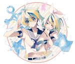  &gt;_&lt; 1girl anchor belt blonde_hair blue_eyes blush brother_and_sister closed_eyes hair_ornament hair_ribbon hairclip highres kagamine_len kagamine_rin midriff navel ponytail ribbon sailor_collar short_hair siblings snowfall0617 twins vocaloid 