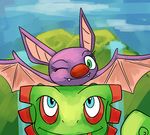  bat blue_eyes bynineb chameleon fangs female green_eyes laylee lizard looking_at_viewer male mammal one_eye_closed reptile scalie wink yooka yooka-laylee 