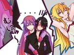  1boy 2girls ahoge anger_vein araragi_koyomi black_hair blonde_hair blush breast_press hozumi_(heyatengoku) jpeg_artifacts md5_mismatch monogatari_(series) multiple_girls oshino_shinobu purple_hair senjougahara_hitagi 