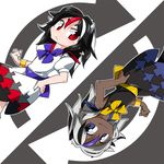  alternate_color black_hair blue_eyes blue_hair bow byourou chibi dark_skin directional_arrow dress dual_persona hand_on_hip horns kijin_seija multicolored_hair multiple_girls negative red_eyes red_hair short_hair smile streaked_hair touhou upside-down white_hair 