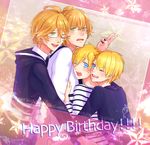  ahoge blonde_hair blue_eyes blush brothers character_name dual_persona english glasses green_eyes group_hug hair_ornament hairclip happy_birthday hug kurusu_kaoru kurusu_shou male_focus multiple_boys necktie one_eye_closed open_mouth shinomiya_natsuki shinomiya_satsuki siblings smile star tachibana_rintarou twins uta_no_prince-sama 