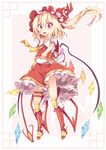  ascot blonde_hair fang flandre_scarlet hat hat_ribbon kan_lee laevatein mob_cap open_mouth puffy_short_sleeves puffy_sleeves red_eyes ribbon sash shirt short_sleeves side_ponytail skirt skirt_set smile solo touhou vest wings 
