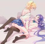  ass ayase_eli black_legwear blonde_hair blue_eyes blush bra breasts finger_to_another's_mouth green_eyes humping kneehighs long_hair love_live! love_live!_school_idol_project medium_breasts multiple_girls off_shoulder open_mouth panties panty_pull ponytail purple_hair purple_scrunchie pussy_juice scrunchie shirt_pull sweat thighhighs tida_kietsungden toujou_nozomi twintails underwear very_long_hair white_scrunchie yuri 