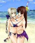  agent_aika aika_(series) beach bikini bow breasts brown_hair day golden_delmo hair_bow hair_ornament long_hair multiple_girls rake sania_(agent_aika) silver_hair skj sky smile swimsuit tonia toy water water_gun white_hair 