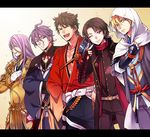  ^_^ blonde_hair blue_eyes bridal_gauntlets brown_hair closed_eyes gloves gold_armor hachisuka_kotetsu hood japanese_clothes kasen_kanesada kashuu_kiyomitsu letterboxed male_focus multiple_boys mutsu-no-kami_yoshiyuki nail_polish one_eye_closed open_mouth ponytail purple_hair red_eyes satou_iruno smile touken_ranbu white_gloves yamanbagiri_kunihiro 