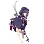  1girl barefoot bell fang full_body highres hood long_hair looking_at_viewer low-tied_long_hair naginata open_mouth polearm purple_hair simple_background solo tail weapon white_background yellow_eyes youkai_hyakki-tan! 