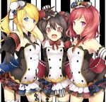  :d \m/ ayase_eli bare_shoulders bibi_(love_live!) black_gloves black_hair blonde_hair blue_eyes cafe_maid checkered checkered_skirt cowboy_shot double_\m/ elbow_gloves frills garter_straps girl_sandwich gloves hair_between_eyes hand_on_hip hat height_difference koruta_(nekoimo) looking_at_viewer love_live! love_live!_school_idol_project mini_hat mini_top_hat miniskirt multiple_girls nico_nico_nii nishikino_maki off_shoulder open_mouth pleated_skirt purple_eyes reaching_out red_eyes red_hair sandwiched serious short_hair short_twintails skirt smile thighhighs top_hat treble_clef twintails yazawa_nico 