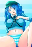  absurdres blue_eyes blue_hair hair_bobbles hair_ornament hat highres kawashiro_nitori key navel open_mouth panties shumichi solo striped striped_panties touhou two_side_up underwear 