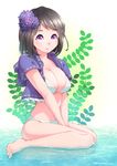  barefoot bikini black_hair breasts cleavage feet flower gallop5 hair_flower hair_ornament hydrangea jacket large_breasts lips navel original partially_submerged purple_eyes reflection short_hair sitting smile solo swimsuit toes v_arms wariza water wet white_bikini 