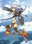  arrow blue_eyes bow_(weapon) cloud cloudy_sky crossover day drawing_bow grey_hair helicarrier highres holding holding_arrow holding_bow_(weapon) holding_weapon kantai_collection laser_sight marvel mecha_musume original rocket_boots sky solo translated weapon yosatorn_chamachoti 