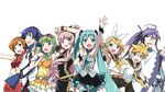  5girls alternate_costume aqua_eyes armpits blonde_hair blue_eyes blue_hair brown_hair detached_sleeves exit_tunes fan gackpoid_(vocaloid3) goggles green_eyes green_hair gumi hair_ornament hair_ribbon hairclip hatsune_miku highres kagamine_len kagamine_rin kaito kamui_gakupo kanzaki_hiro long_hair megurine_luka meiko multiple_boys multiple_girls necktie pink_hair purple_eyes purple_hair ribbon short_hair shorts skirt thighhighs twintails very_long_hair vocaloid white_background zettai_ryouiki 