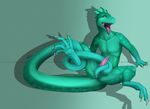  2015 anal anal_masturbation anthro basilisk claws digitigrade fefairy frills garothal green_scales half-closed_eyes lizard long_tail looking_pleasured male masturbation nude penis precum reclining reptile saliva scalie sex solo tail_sex tailjob tapering_penis teal_scales tongue tongue_out 