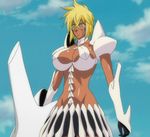  1girl arrancar bleach blonde_hair breasts cloud dark_skin espada green_eyes huge_breasts resurreccion screencap skirt solo stitched tier_harribel 